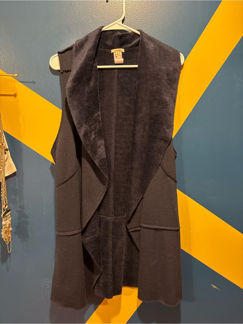 Anama Navy Blue Faux Suede & Fur Vest Cardigan EUC